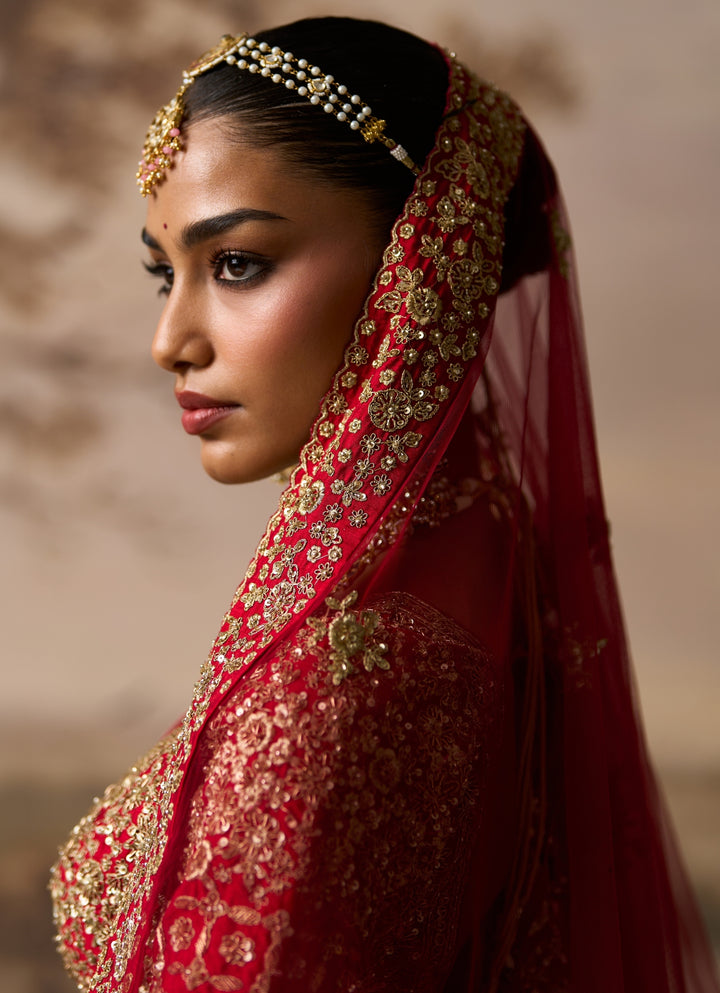 Deep Red Embroidered Raw Silk Bridal Lehenga