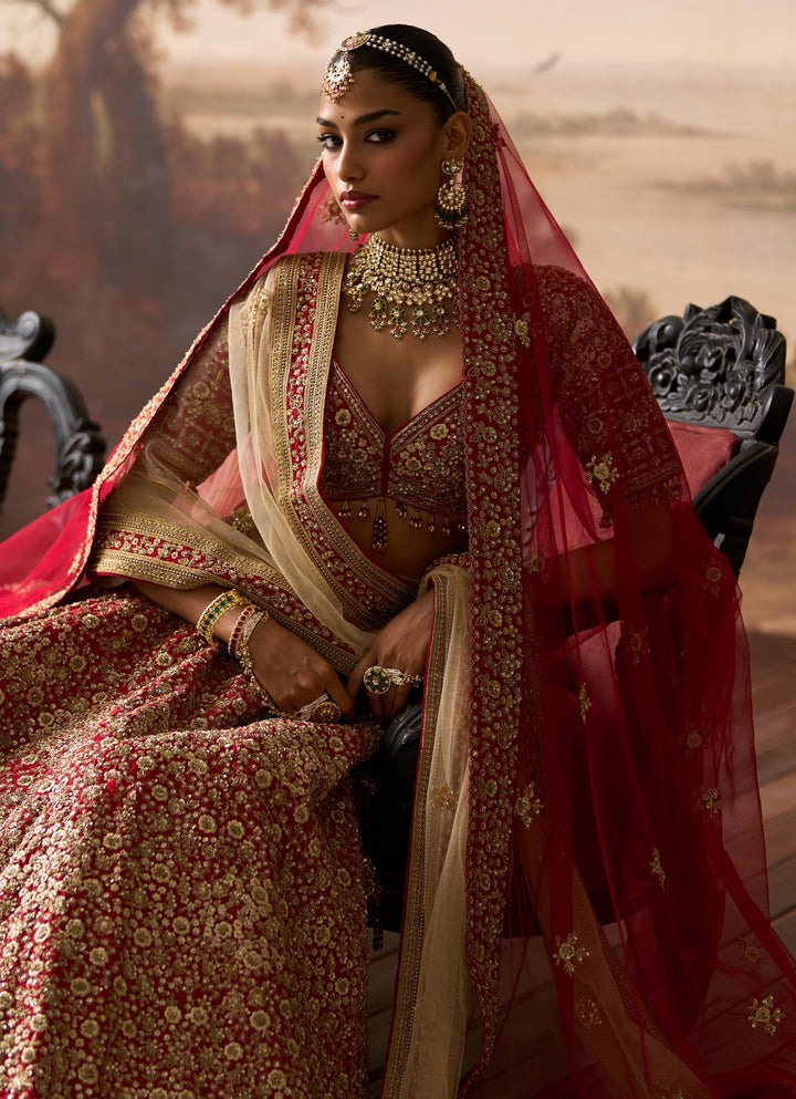 Deep Red Embroidered Raw Silk Bridal Lehenga
