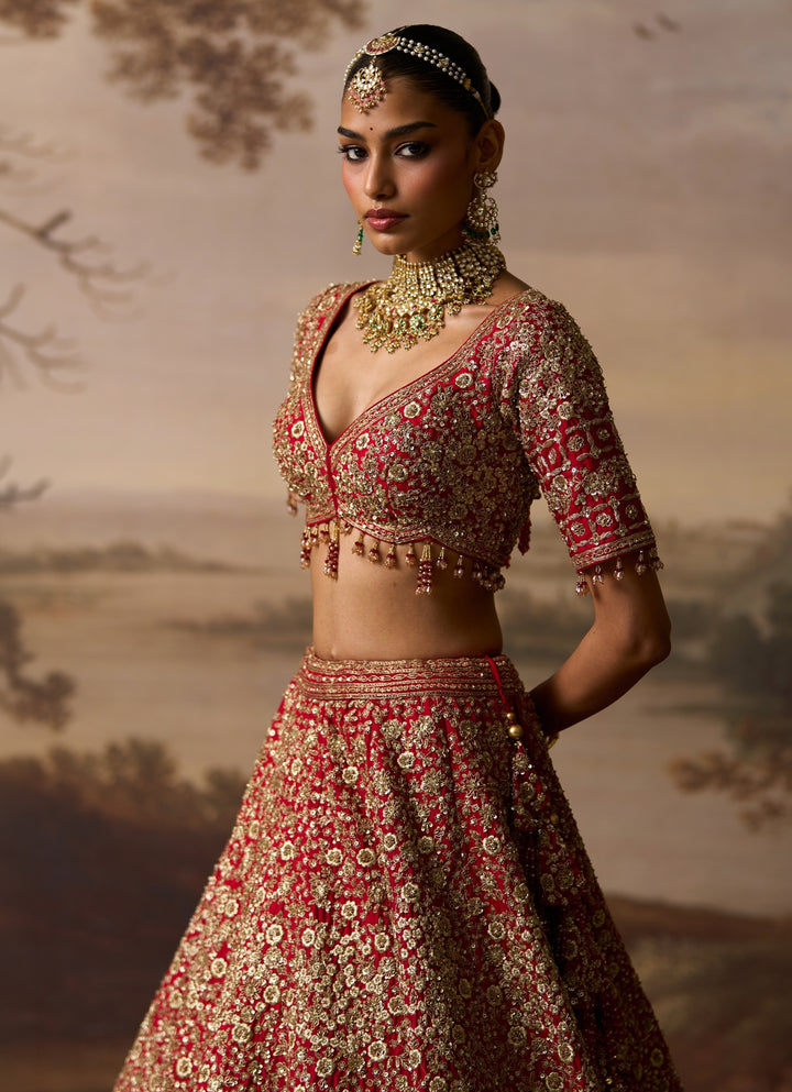 Deep Red Embroidered Raw Silk Bridal Lehenga