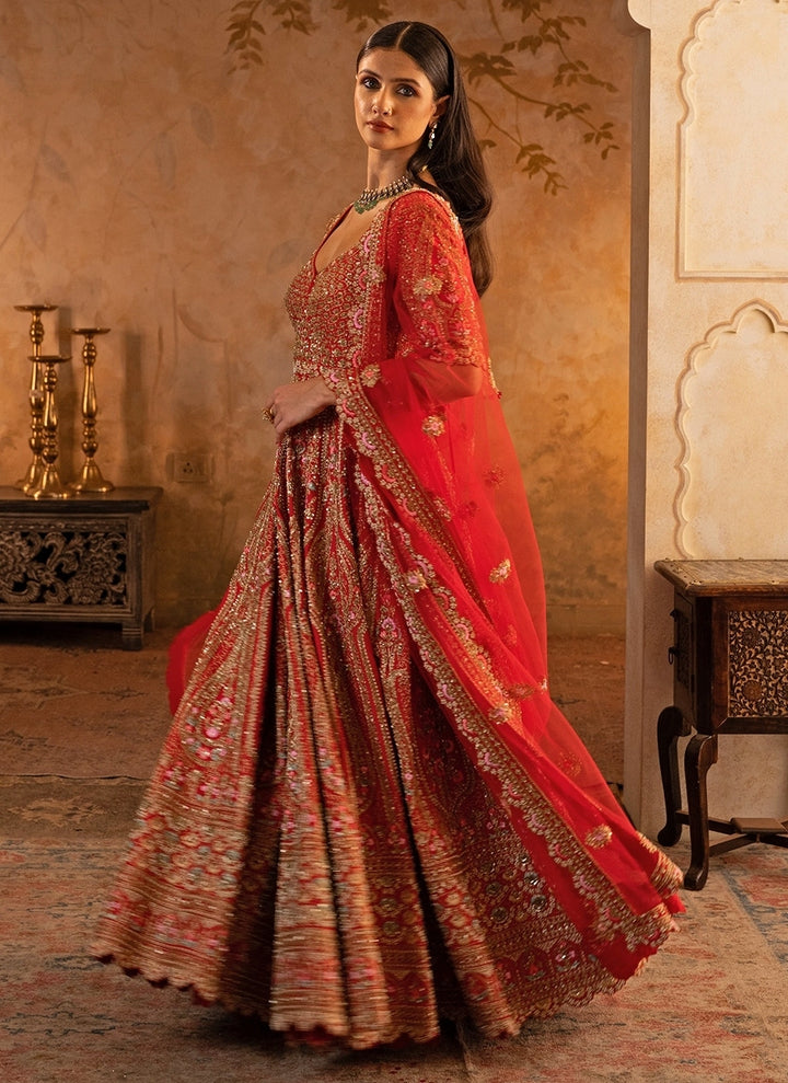 Red Embroidered Raw Silk Anarkali Set