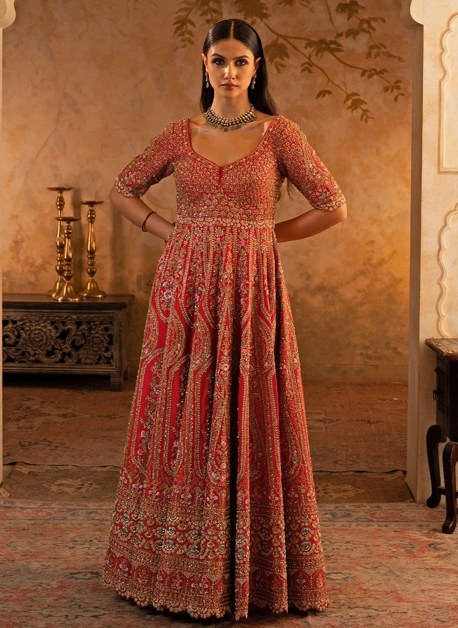 Red Embroidered Raw Silk Anarkali Set