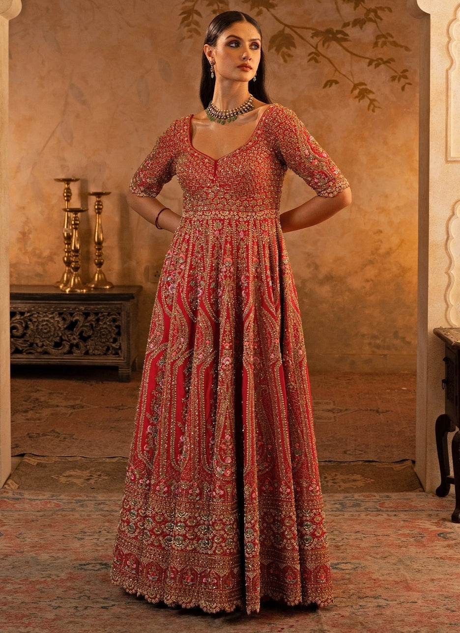 Red Embroidered Raw Silk Anarkali Set