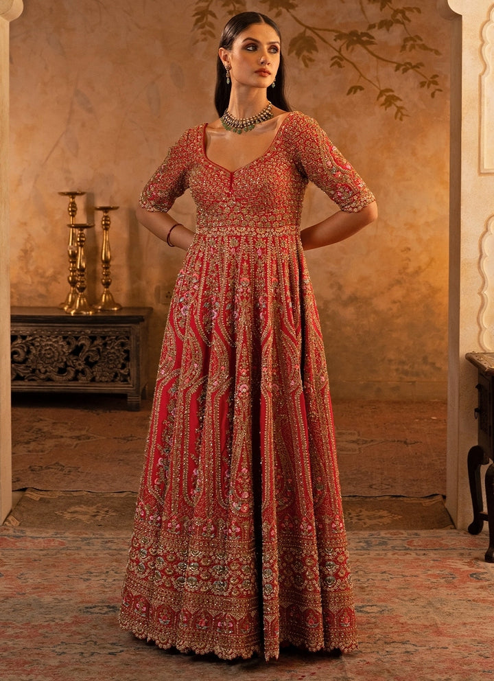 Red Embroidered Raw Silk Anarkali Set
