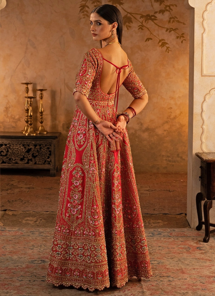 Red Embroidered Raw Silk Anarkali Set