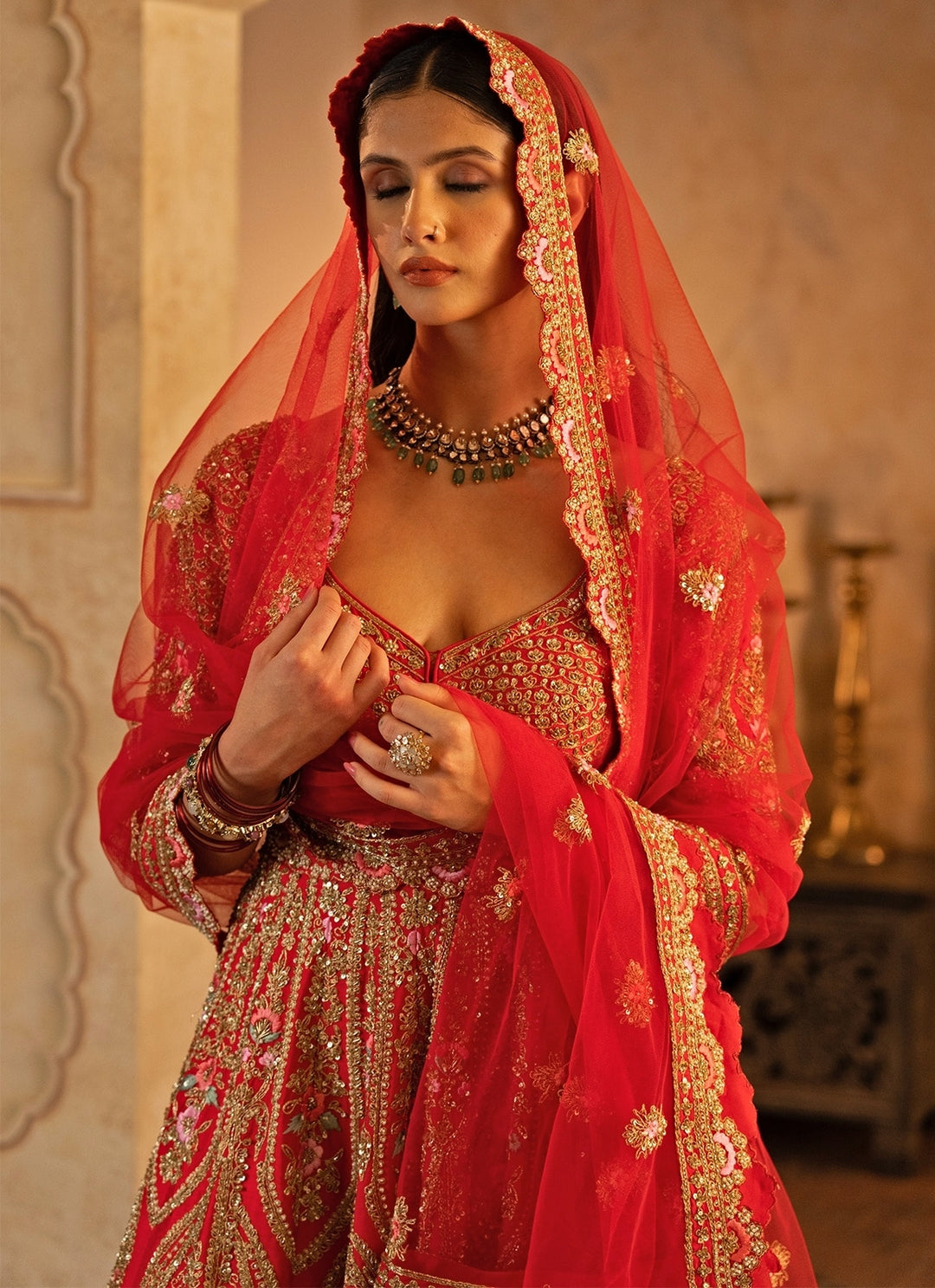Red Embroidered Raw Silk Anarkali Set
