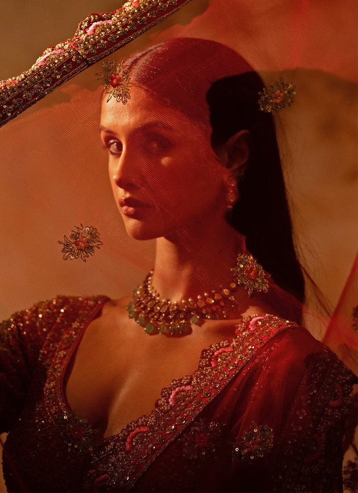 Red Embroidered Raw Silk Anarkali Set
