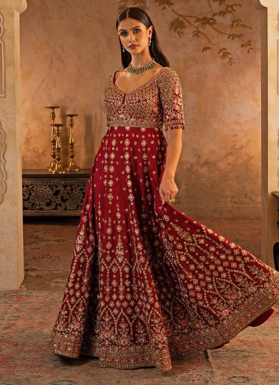 Maroon Red Raw Silk Anarkali Set