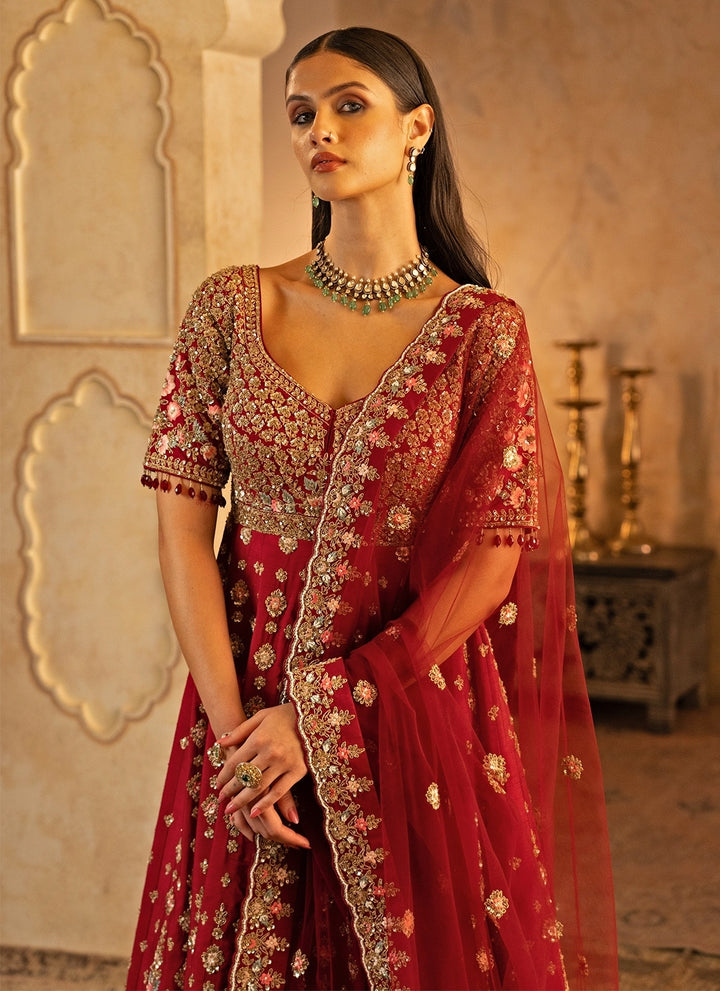 Maroon Red Raw Silk Anarkali Set