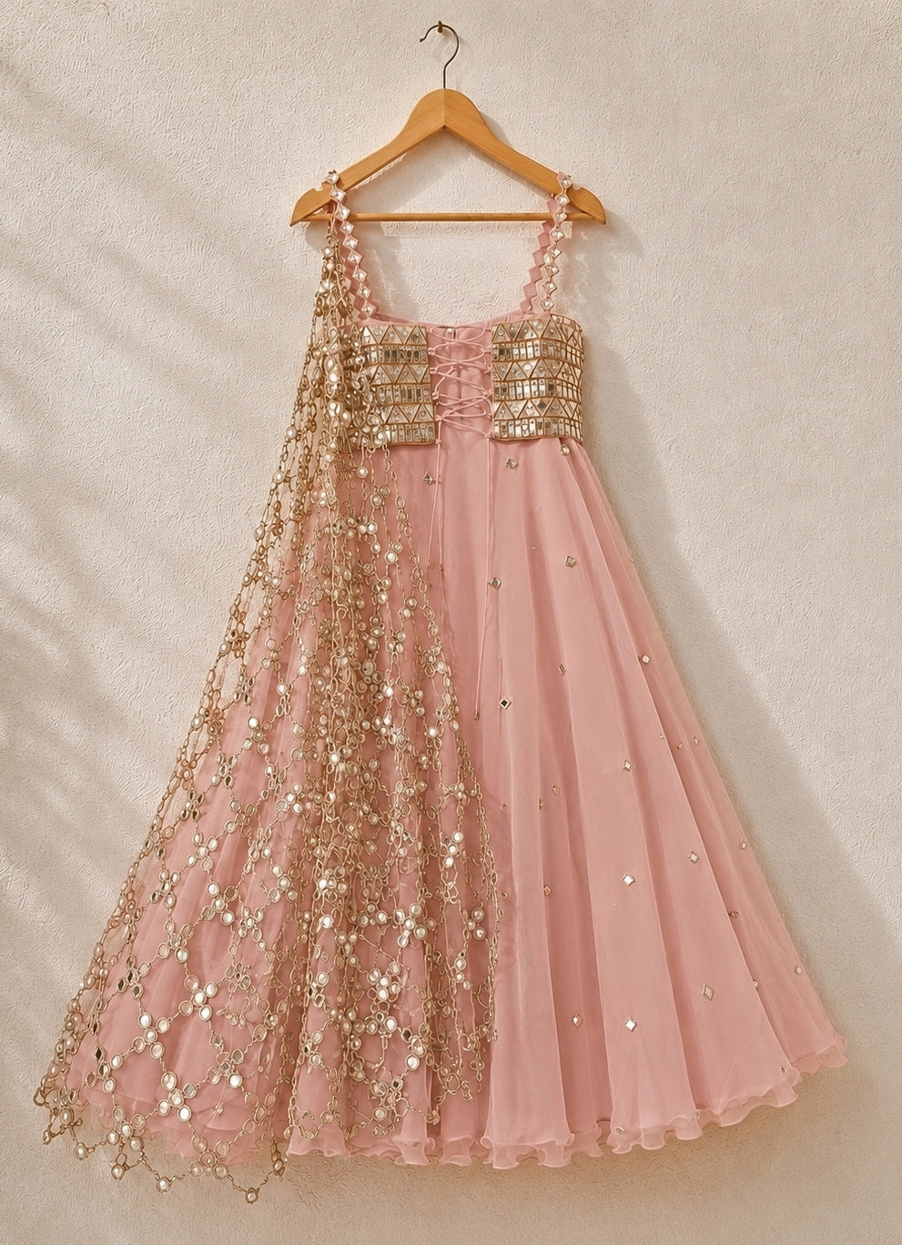 Pastel Pink and Rose Gold Organza Lehenga with Corset Blouse