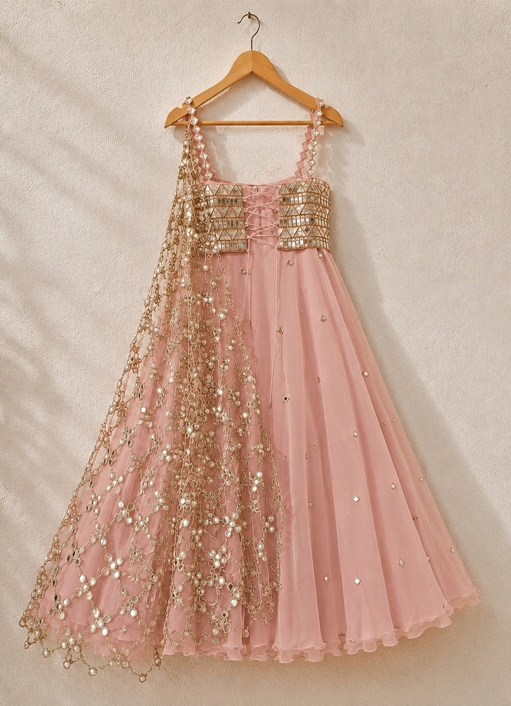 Pastel Pink and Rose Gold Organza Lehenga with Corset Blouse