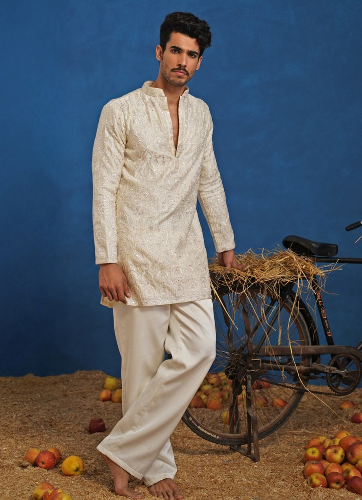 Cream Silk Short Kurta Set