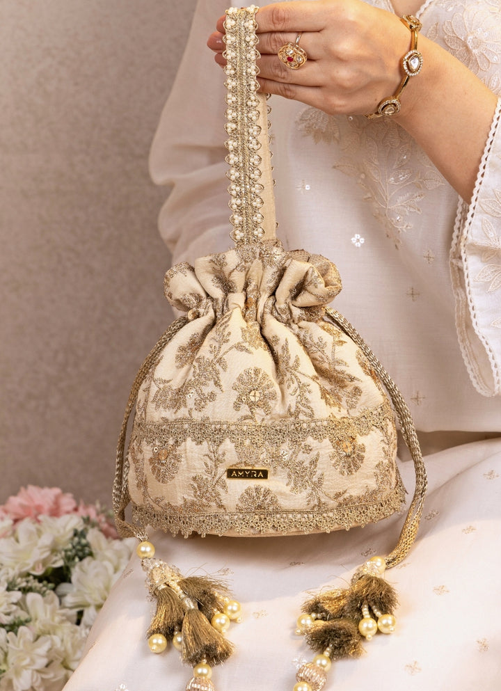 Beige Gold Embroidered Base Potli