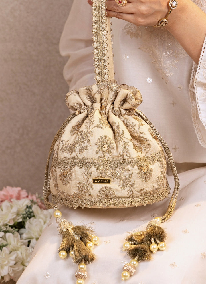 Beige Gold Embroidered Base Potli