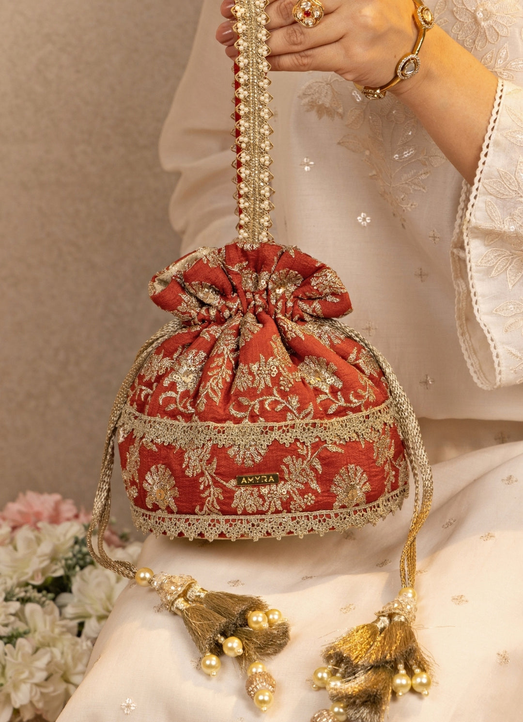 Rust Orange Embroidered Base Potli