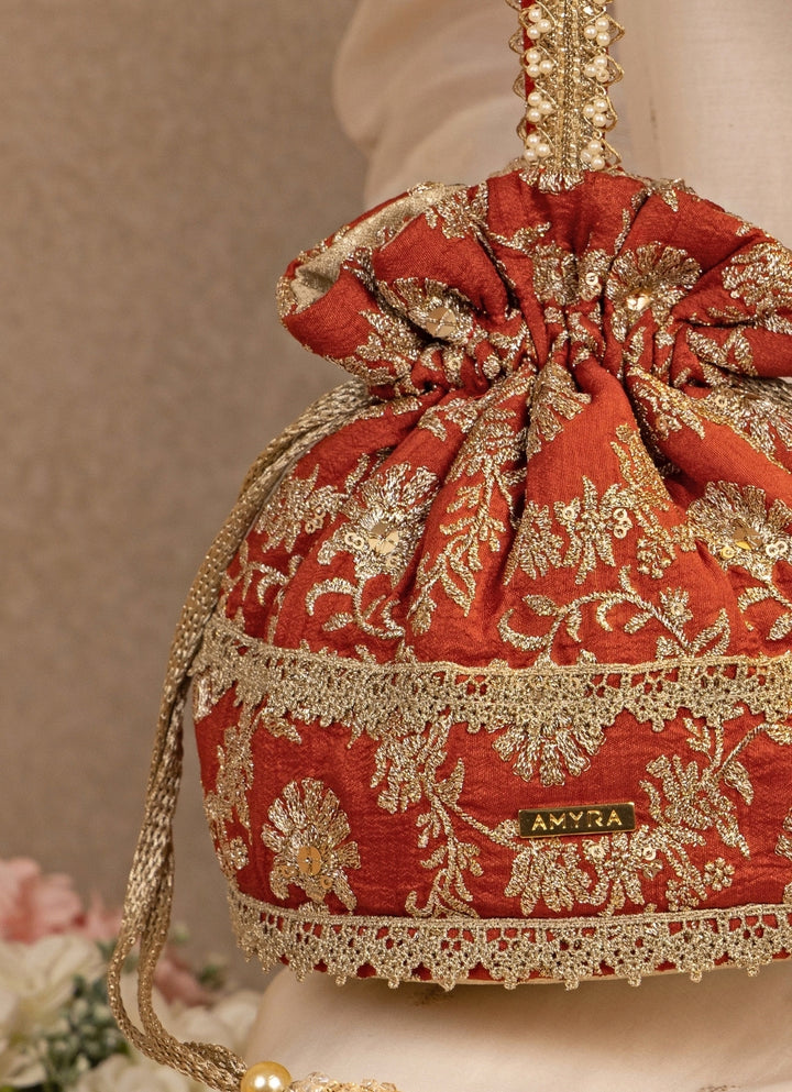Rust Orange Embroidered Base Potli