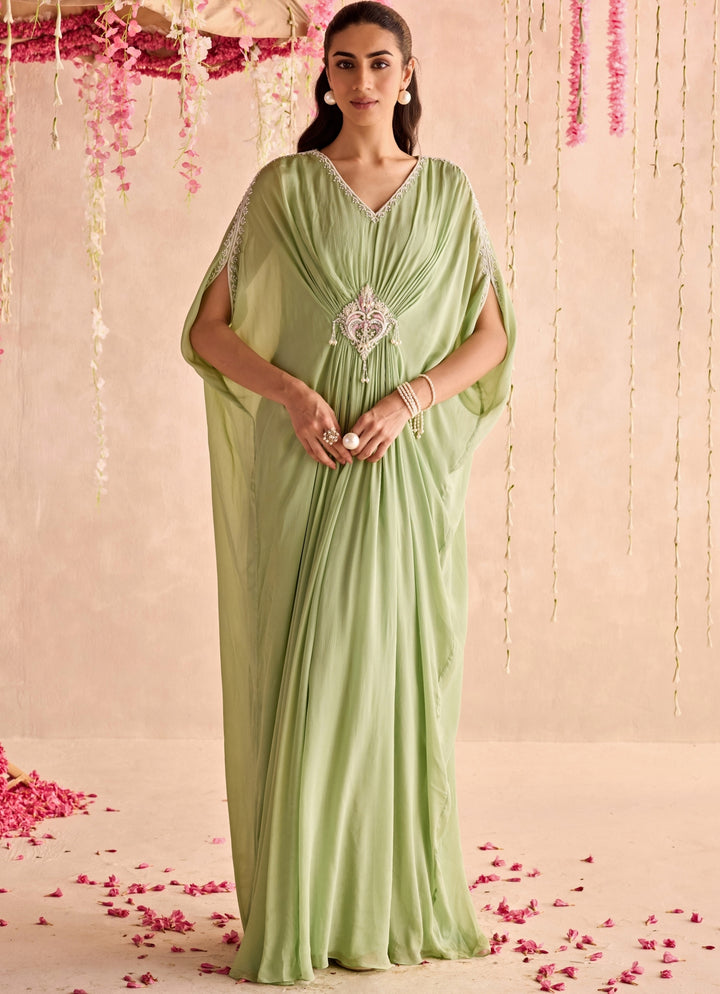 Green Embroidered Chiffon Kaftan