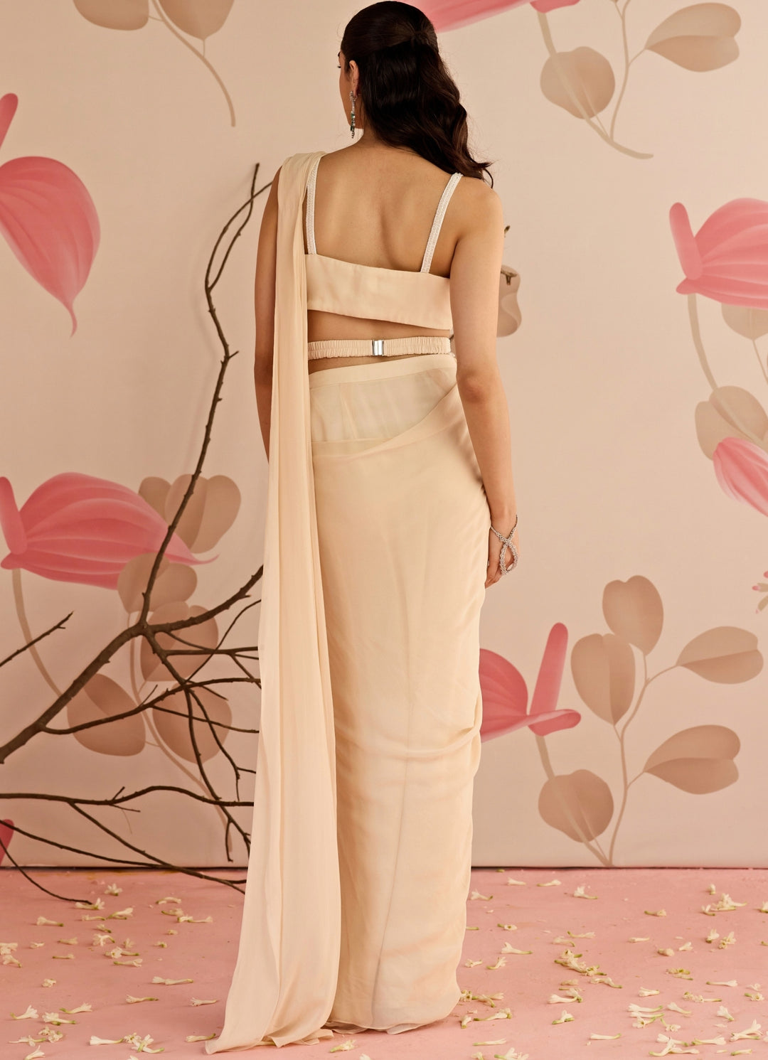 Ivory Georgette Predraped Saree Set