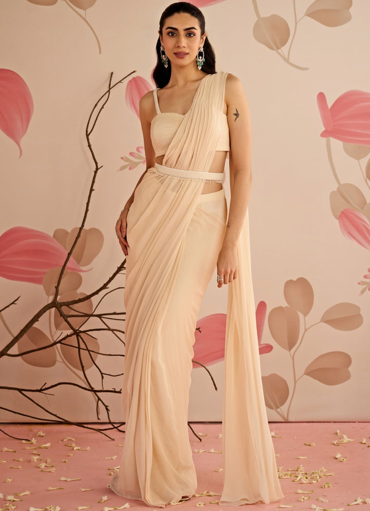 Ivory Georgette Predraped Saree Set