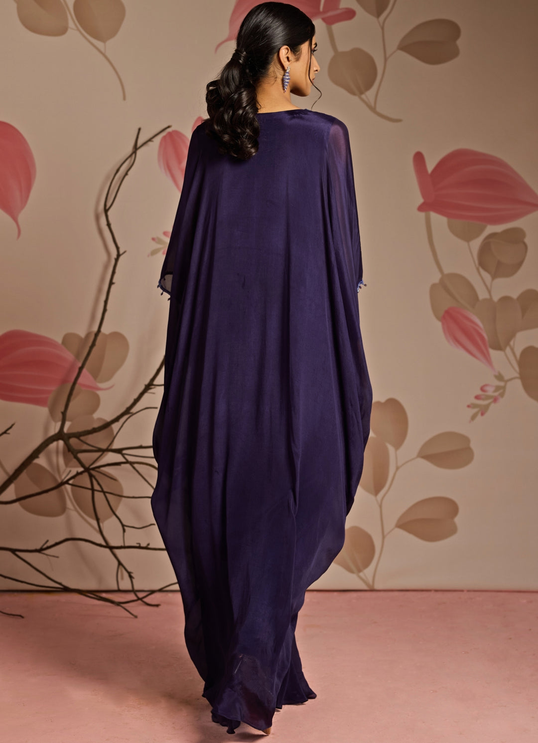 Midnight Blue Embroidered Chiffon Kaftan Set