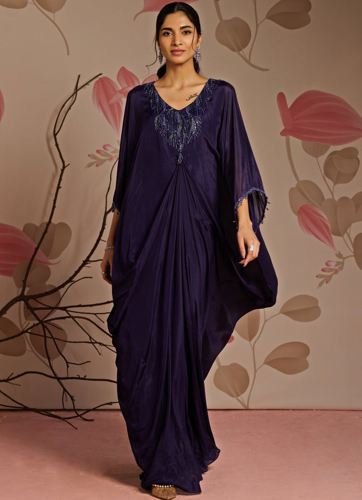 Midnight Blue Embroidered Chiffon Kaftan Set