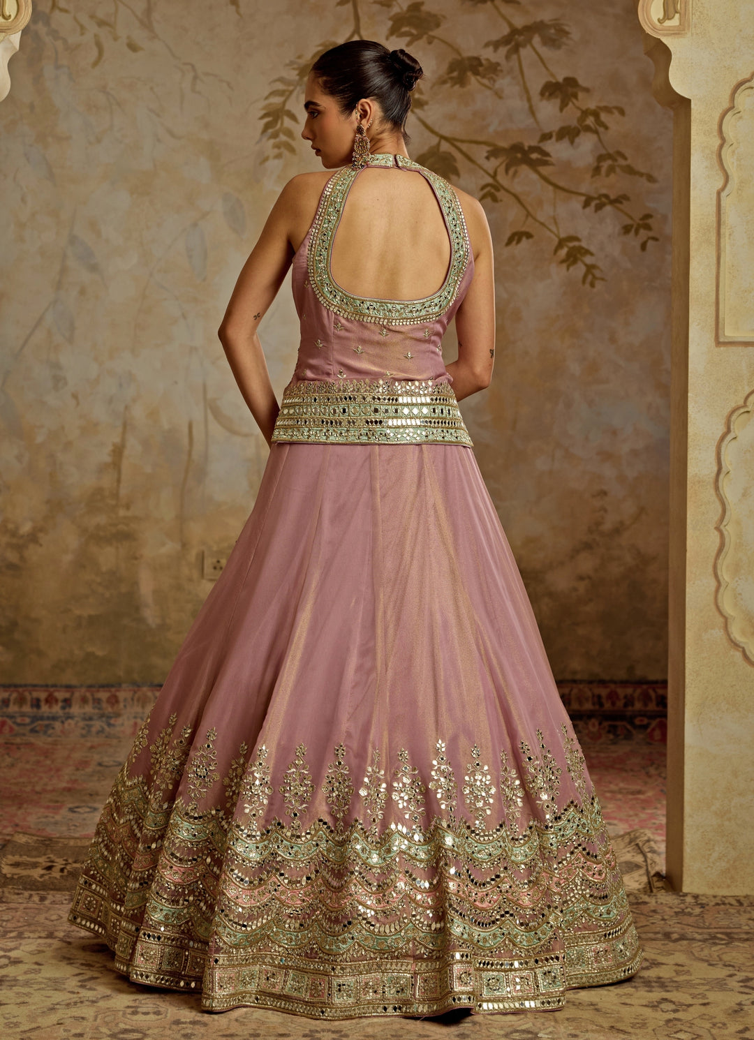 Lilac Embroidered Tissue Kurta Lehenga