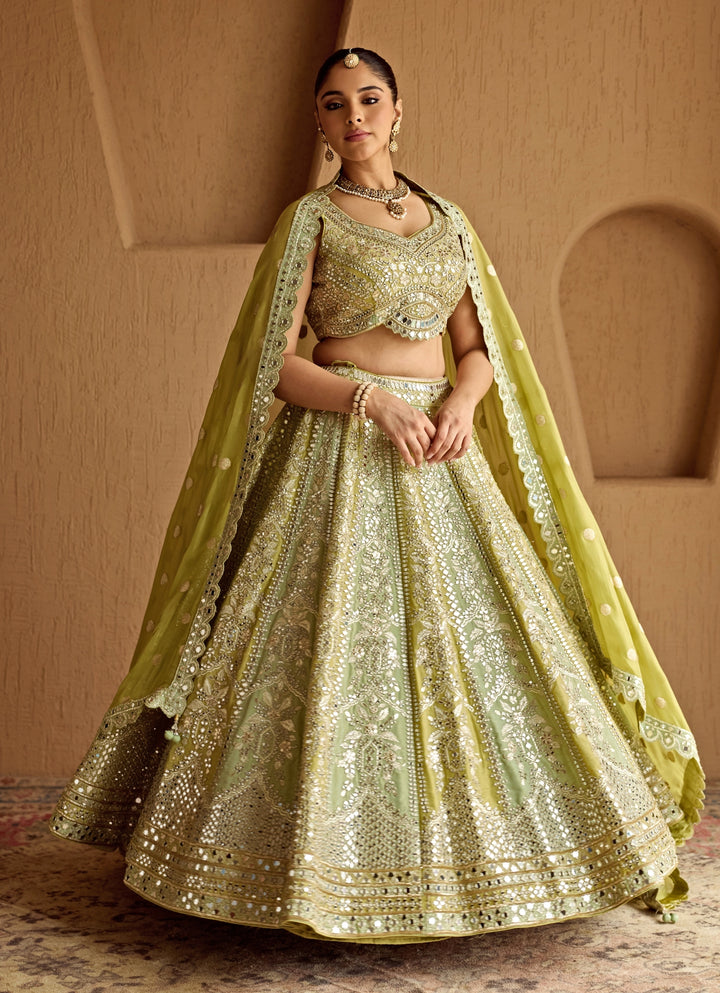 Green Dual Kali Embroidered Tissue Lehenga