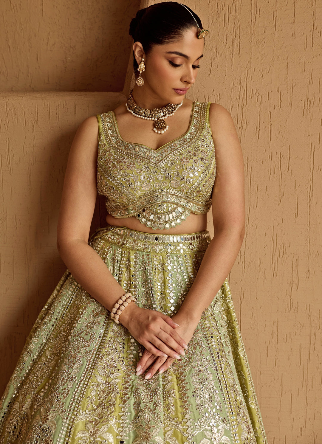 Green Dual Kali Embroidered Tissue Lehenga
