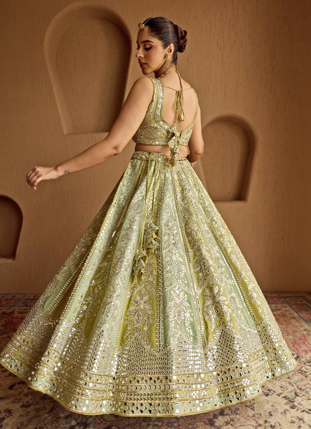 Green Dual Kali Embroidered Tissue Lehenga