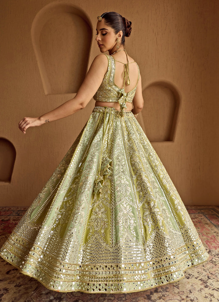 Green Dual Kali Embroidered Tissue Lehenga