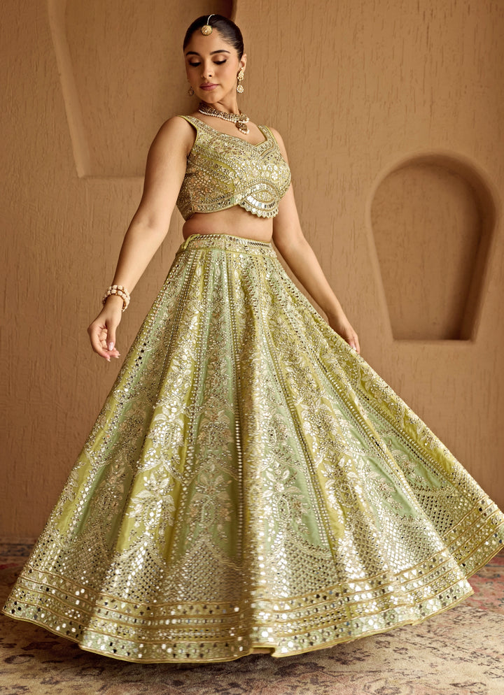 Green Dual Kali Embroidered Tissue Lehenga