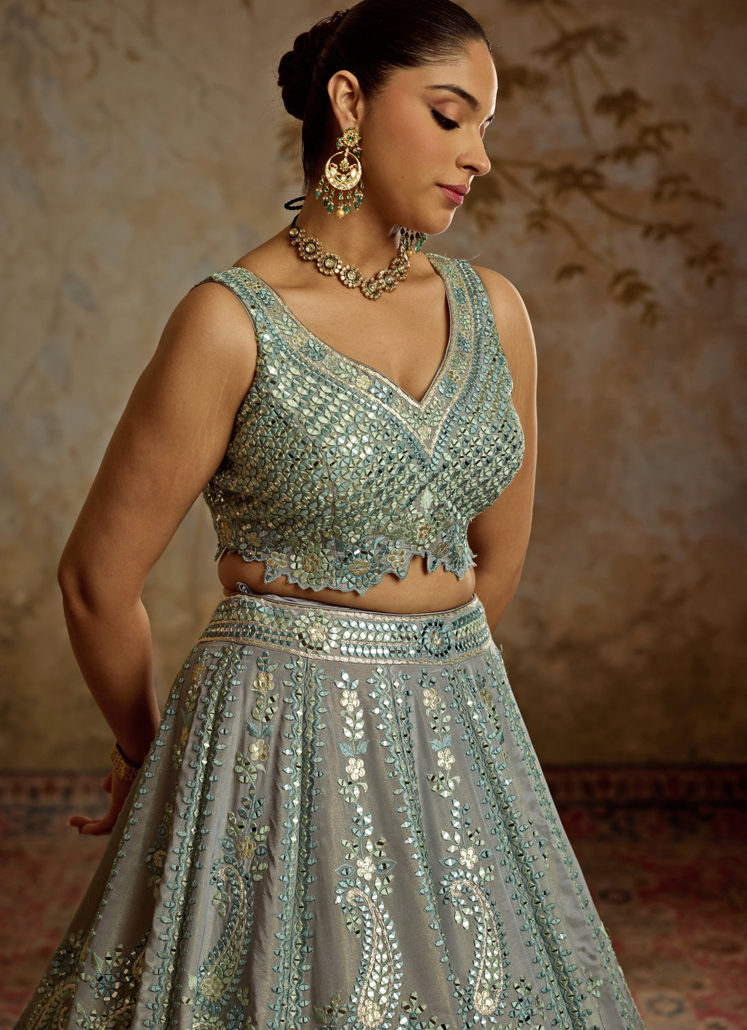 Grey Mirror Embroidered Tissue Lehenga