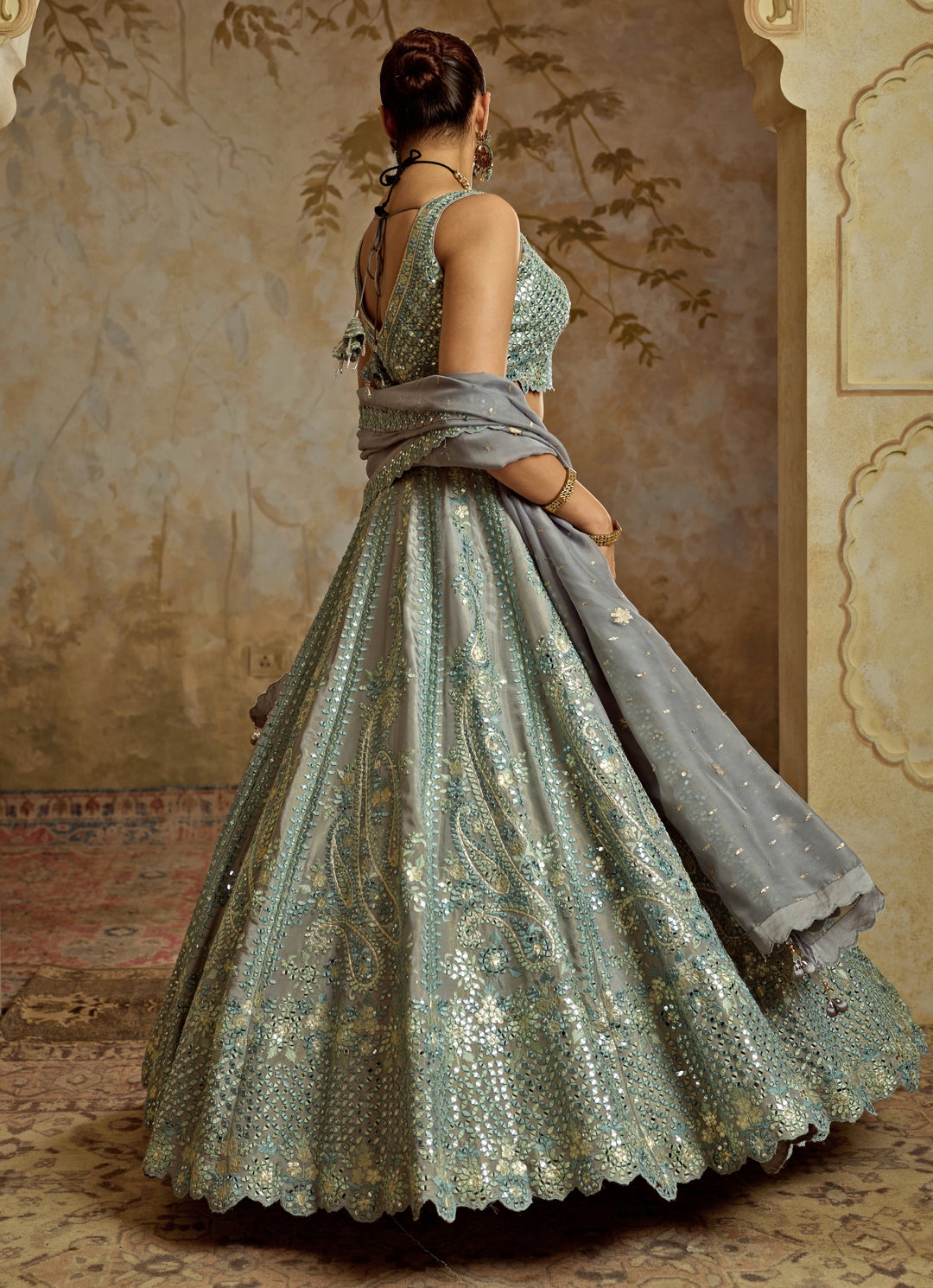 Grey Mirror Embroidered Tissue Lehenga