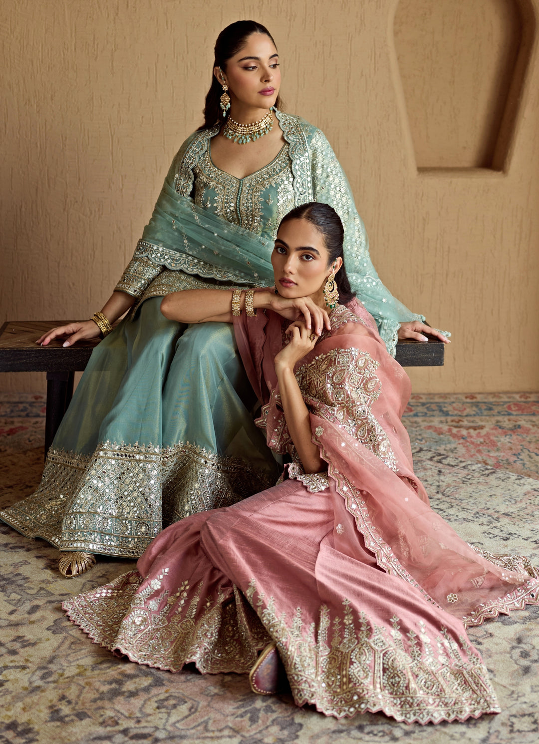 Blue Embroidered Tissue Kurta Sharara Set