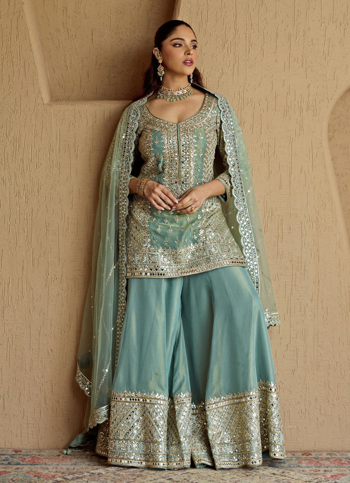Blue Embroidered Tissue Kurta Sharara Set
