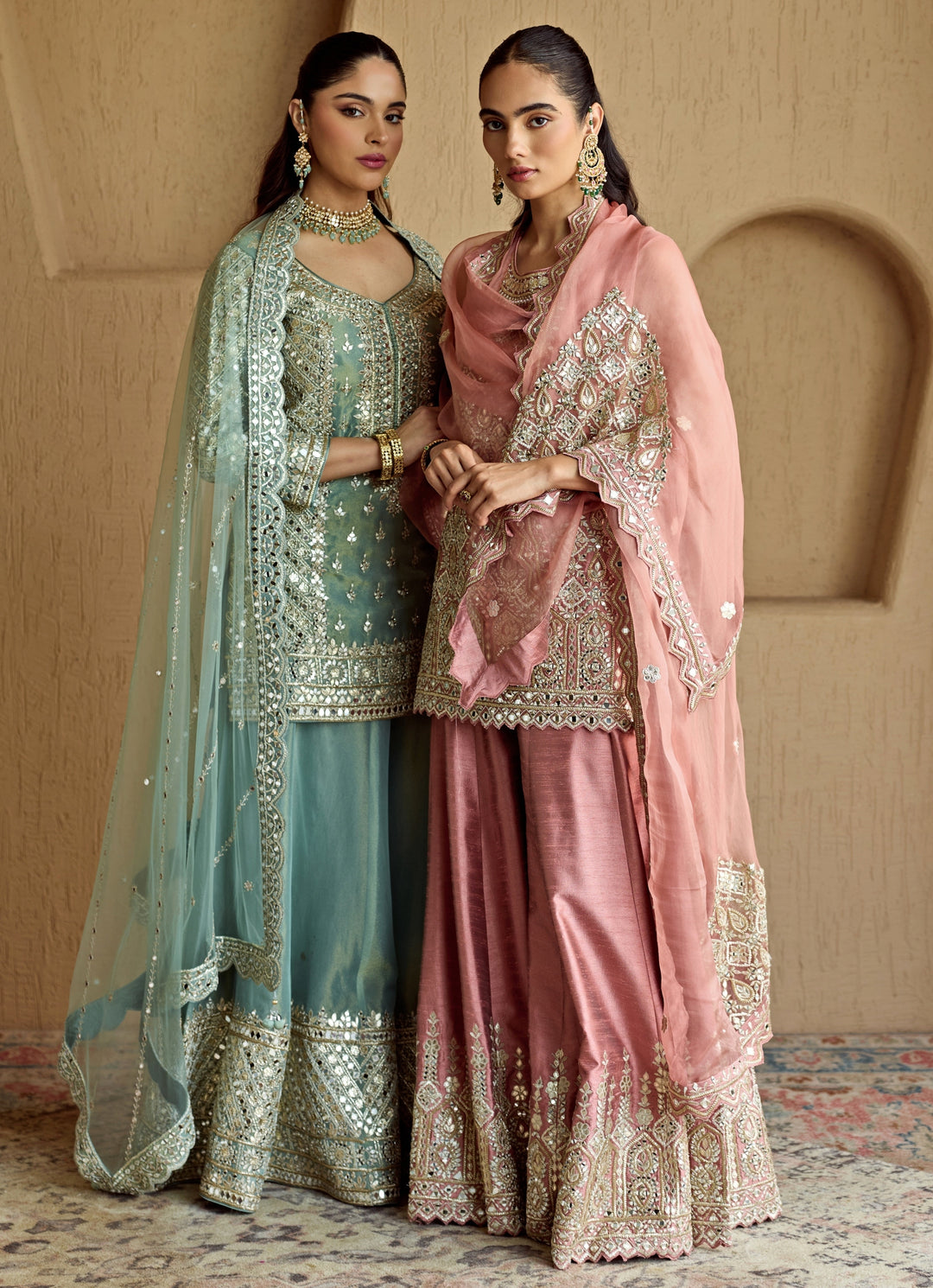 Blue Embroidered Tissue Kurta Sharara Set