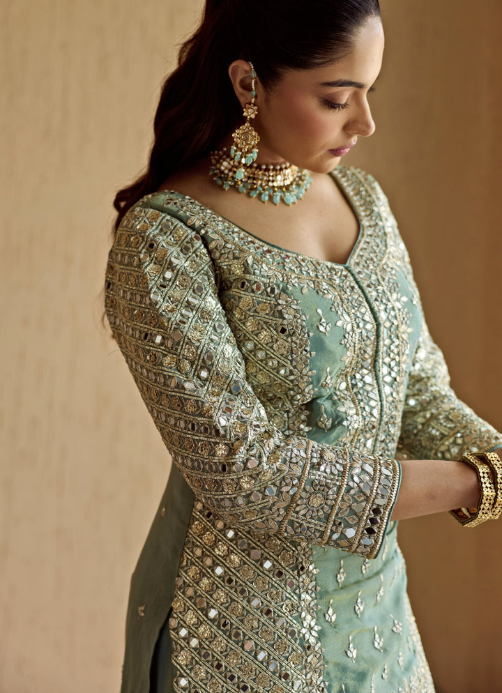 Blue Embroidered Tissue Kurta Sharara Set