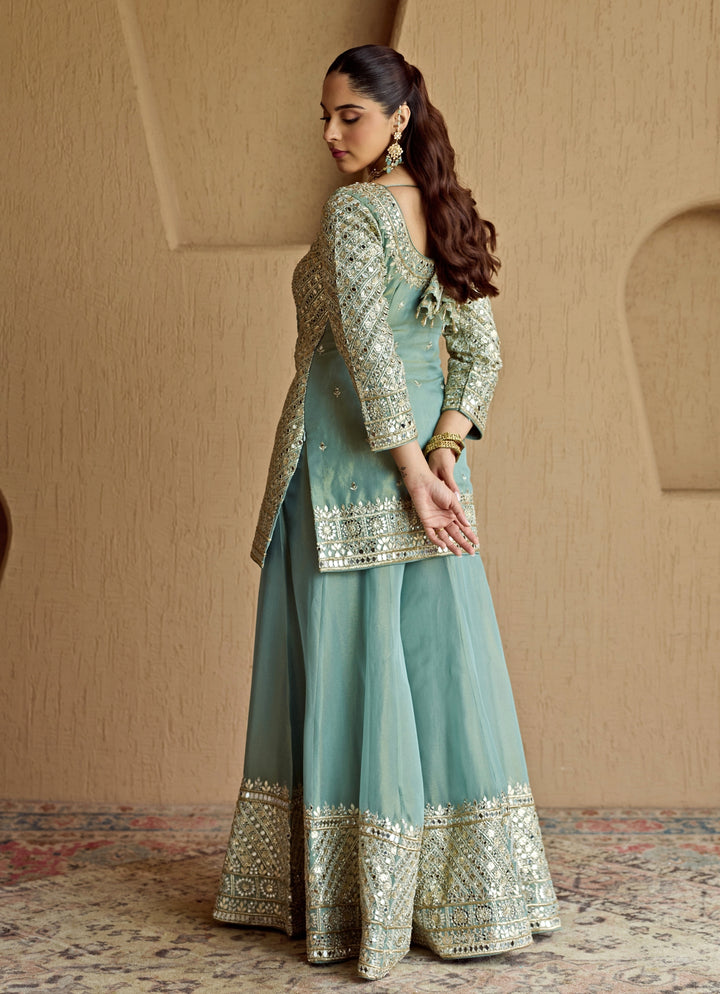 Blue Embroidered Tissue Kurta Sharara Set