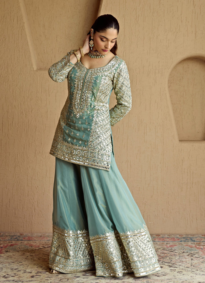 Blue Embroidered Tissue Kurta Sharara Set