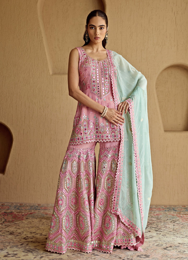 Pink Embroidered Tissue Kurta Garara Set