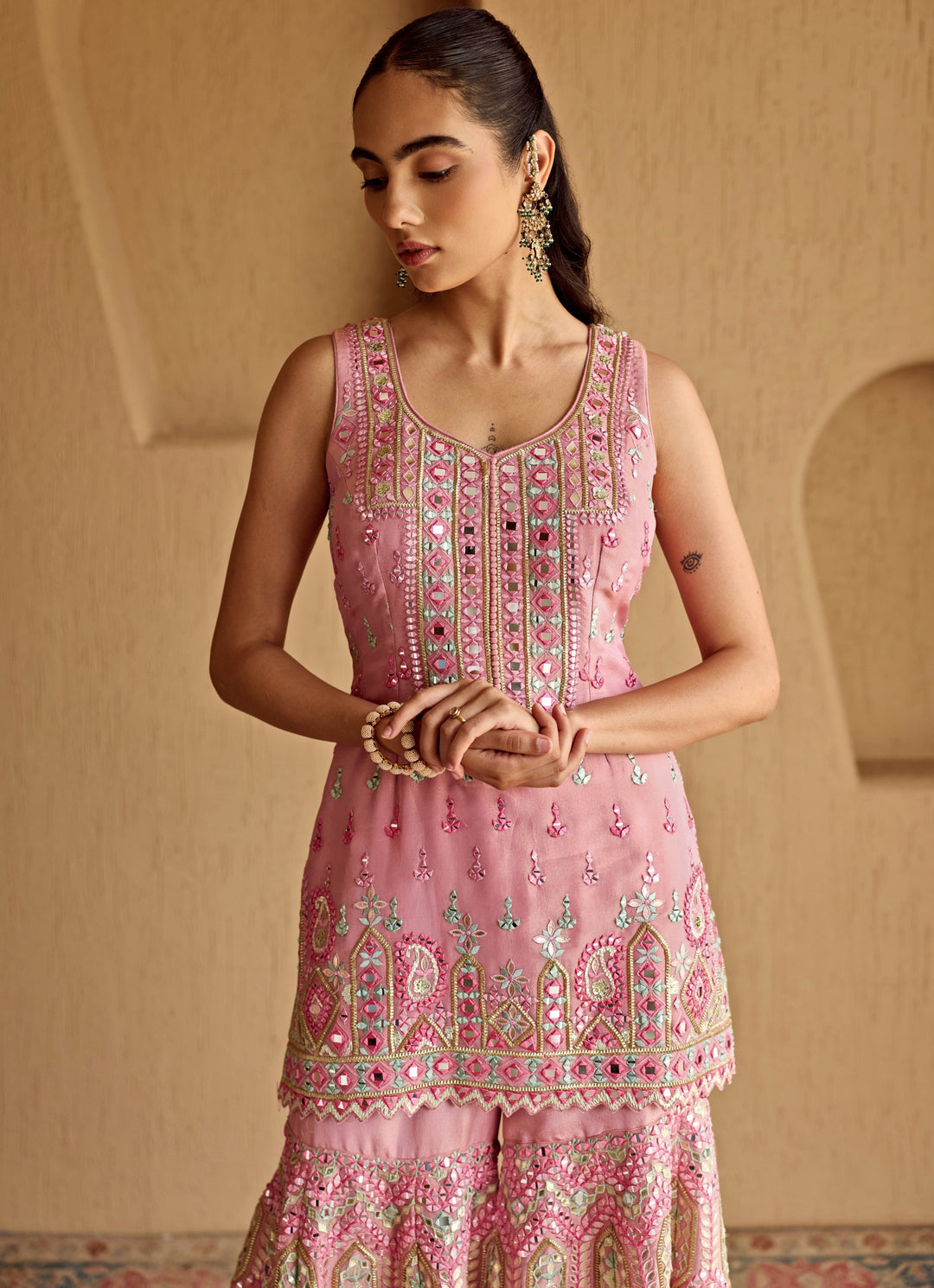 Pink Embroidered Tissue Kurta Garara Set