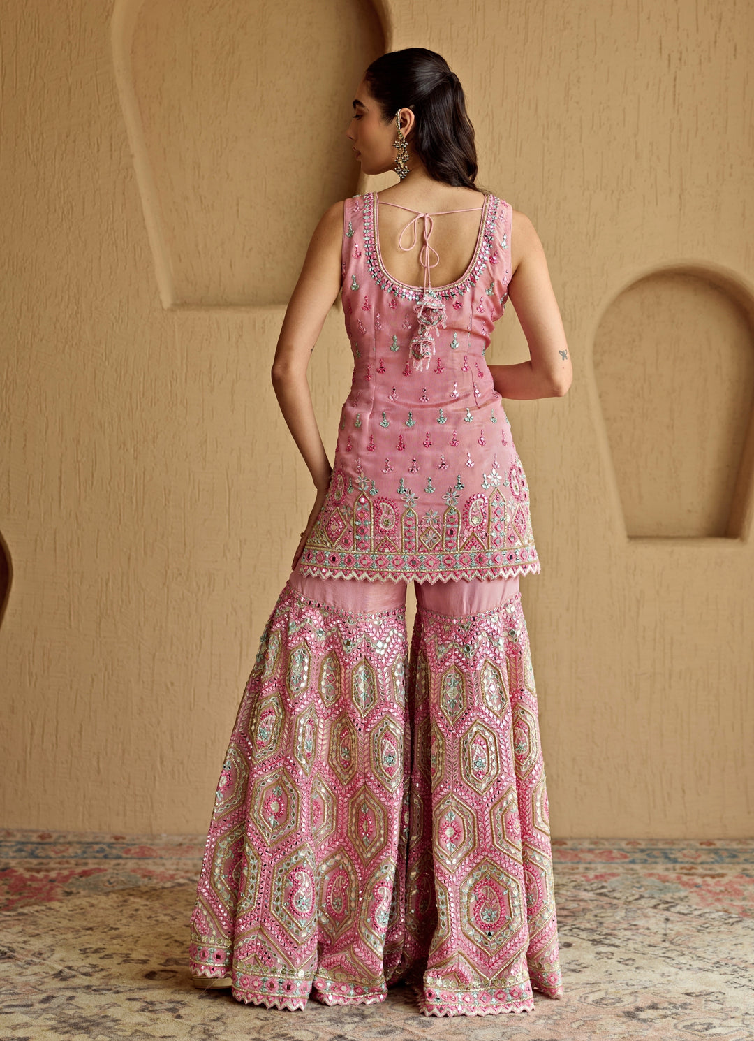 Pink Embroidered Tissue Kurta Garara Set