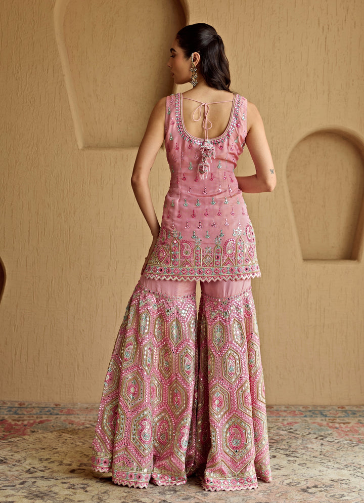 Pink Embroidered Tissue Kurta Garara Set