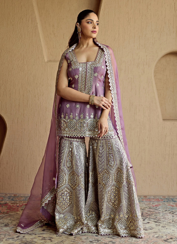 Purple Mirror Embroidered Tissue Kurta Garara Set