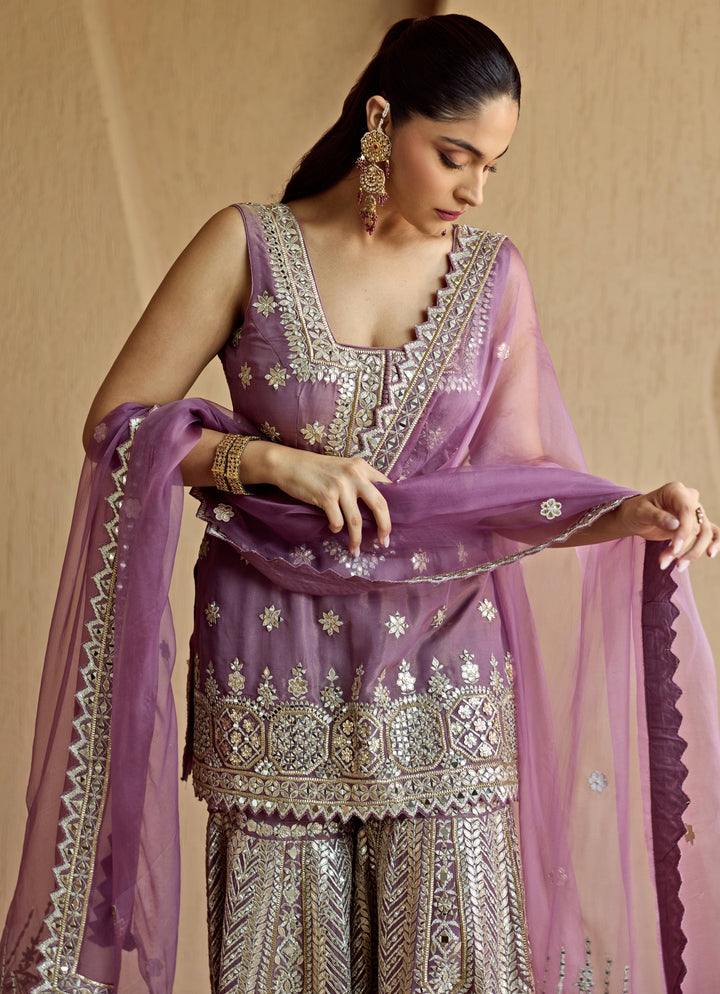 Purple Mirror Embroidered Tissue Kurta Garara Set