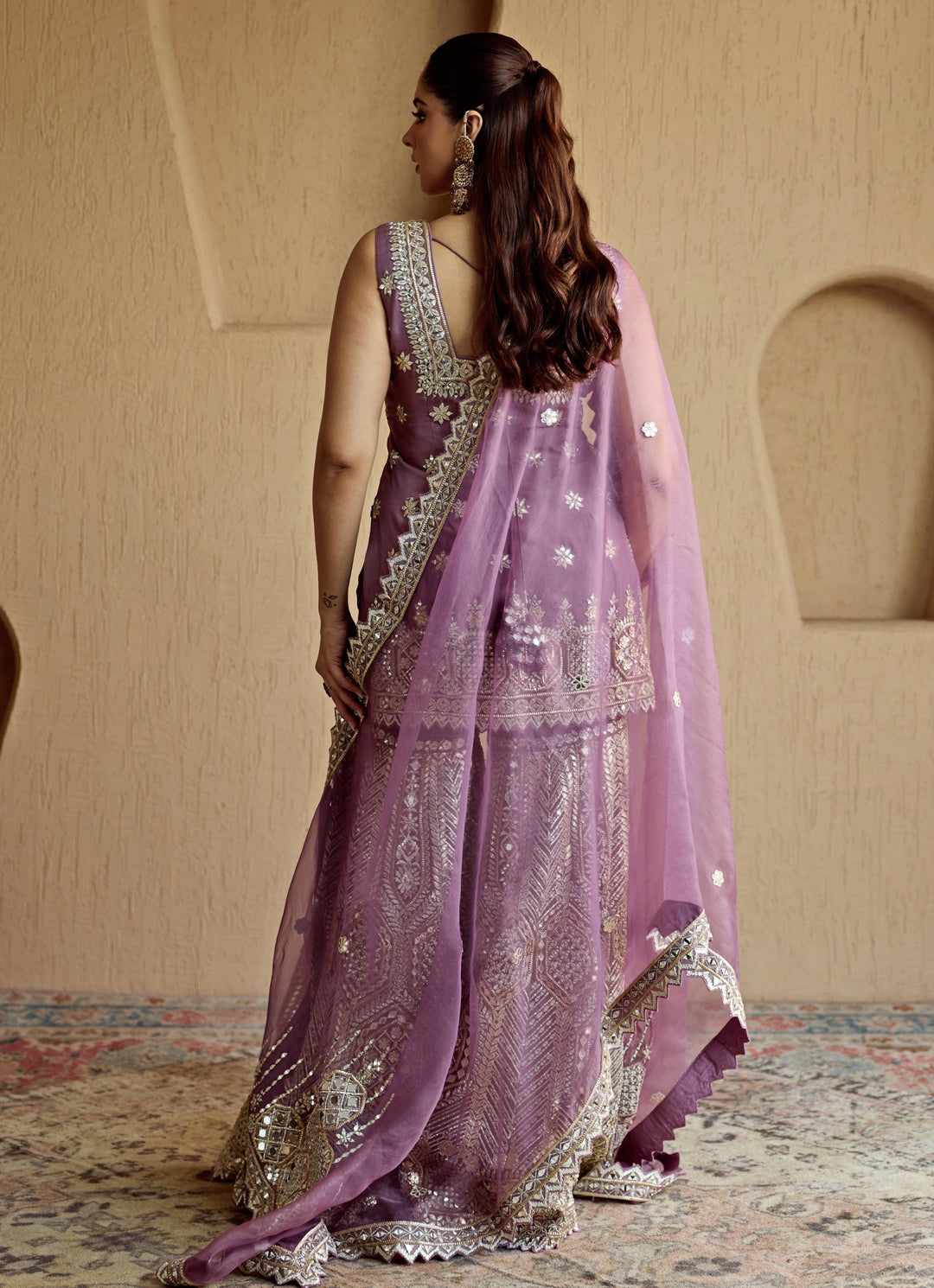 Purple Mirror Embroidered Tissue Kurta Garara Set