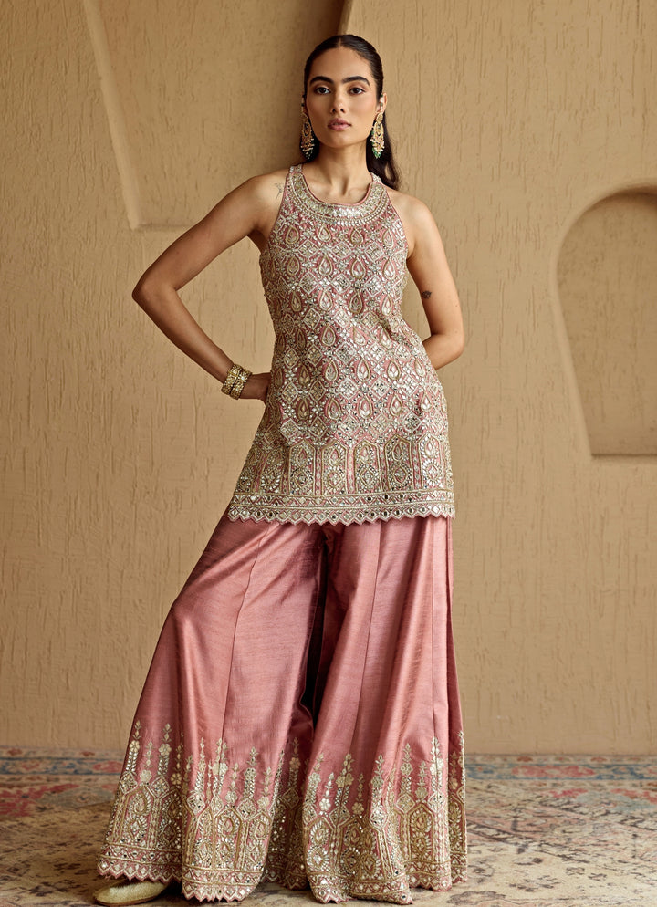 Pink Mirror Embroidered Silk Kurta Sharara Set