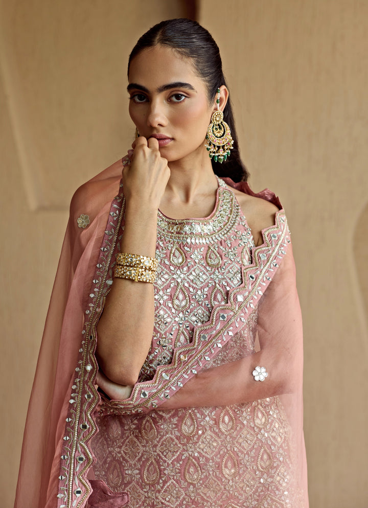 Pink Mirror Embroidered Silk Kurta Sharara Set