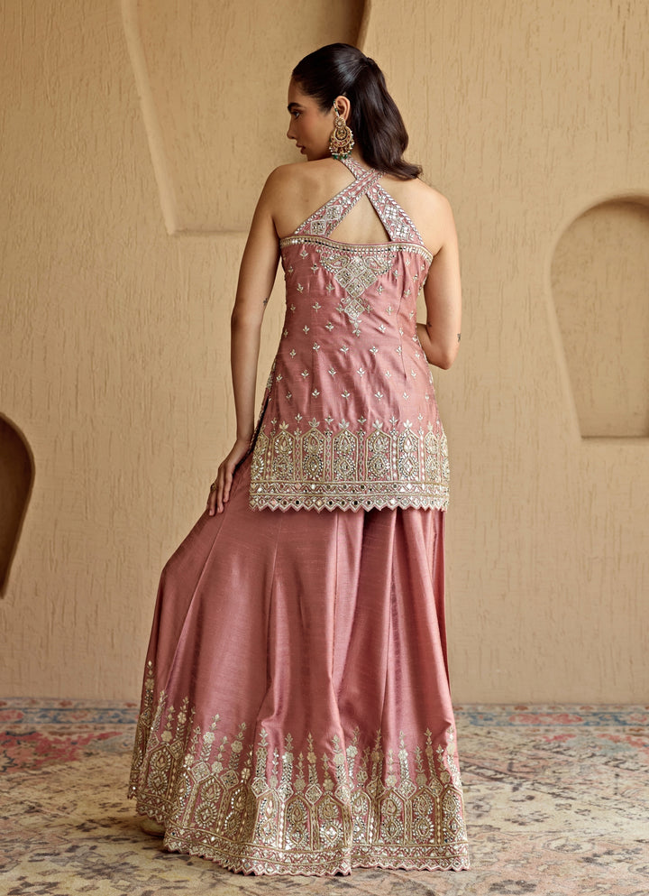 Pink Mirror Embroidered Silk Kurta Sharara Set