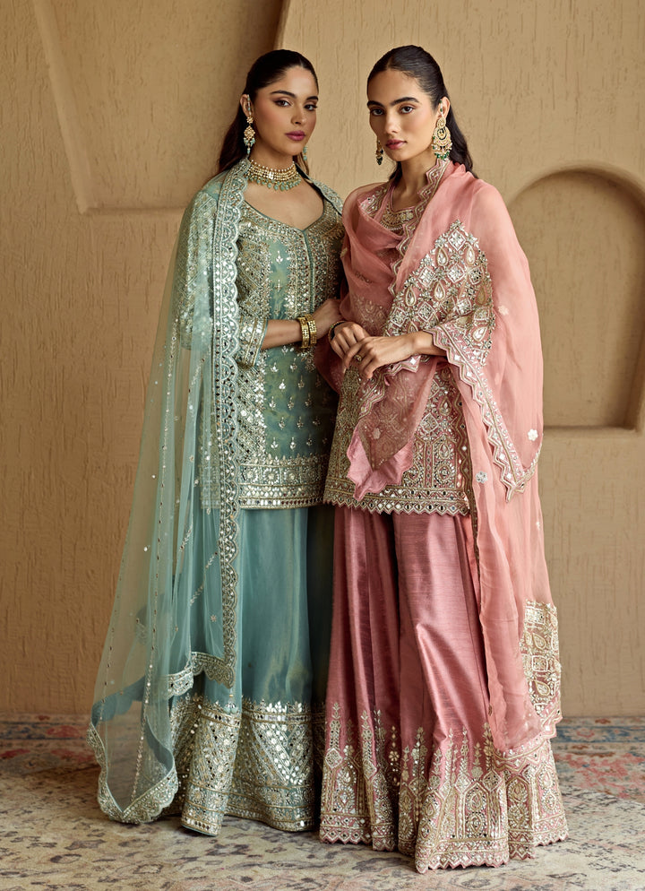 Pink Mirror Embroidered Silk Kurta Sharara Set