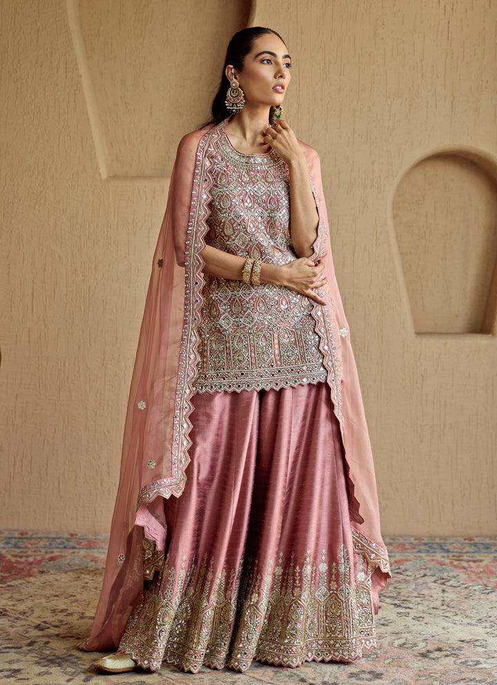 Pink Mirror Embroidered Silk Kurta Sharara Set